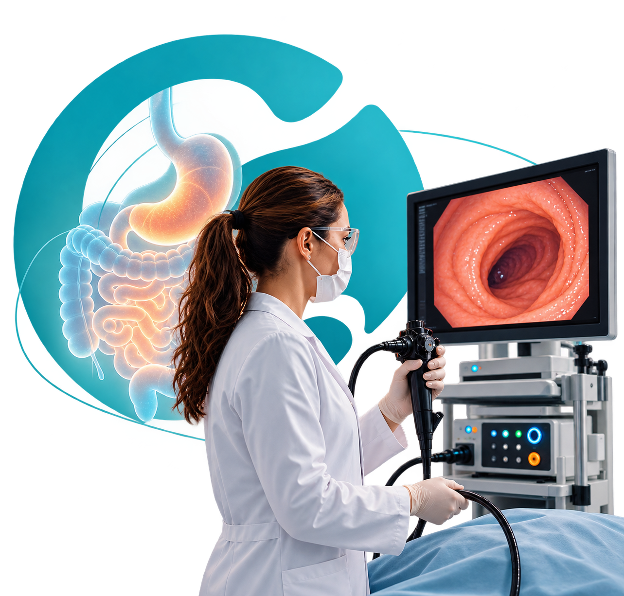 Profissional realizando exame de endoscopia com equipamento médico moderno